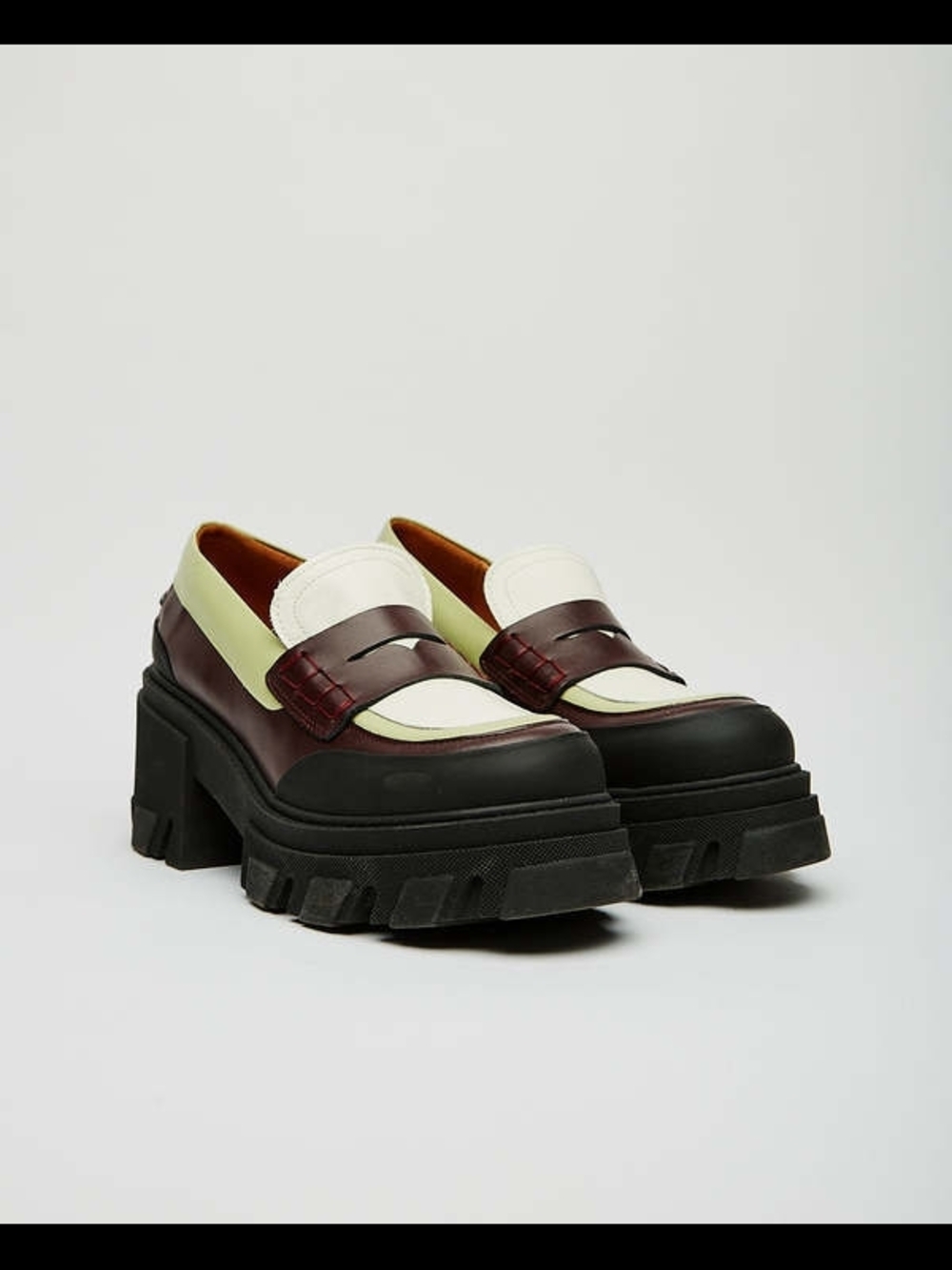 Ganni Triple-Color Chunky Penny Loafers — White, Burgundy & Lime
